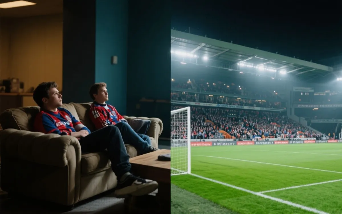 两位不同年龄球迷在客厅看比赛与在球场看台的对照，象征不同预算下的选择