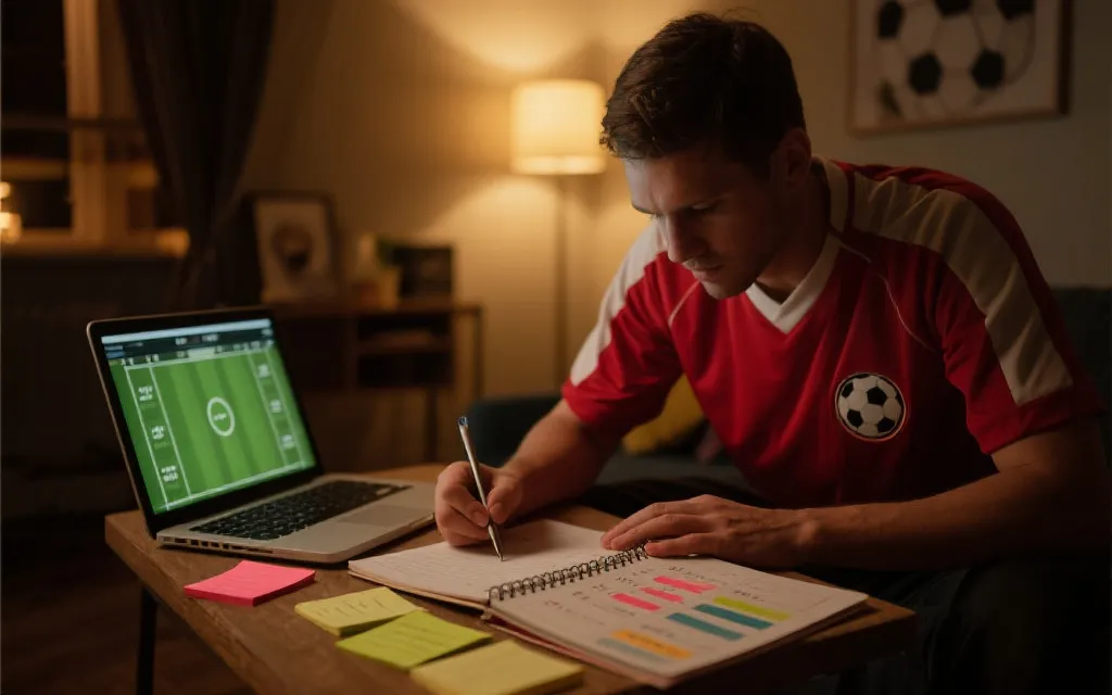 球迷在笔记本上整理比赛信息与预测要点的画面,强调把免费观点整合成个人策略
