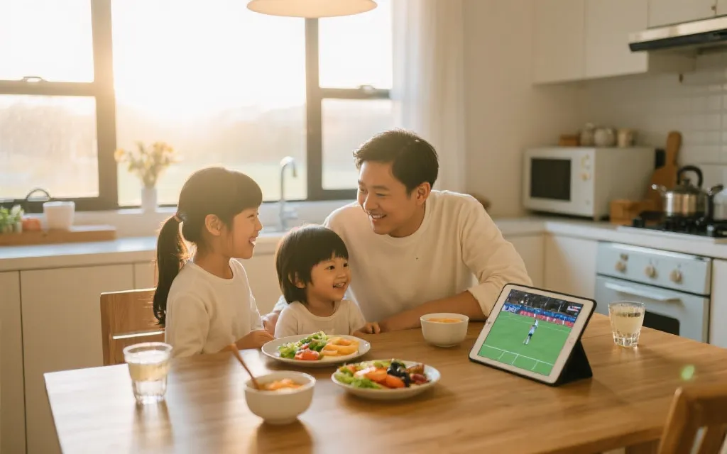 清晨厨房餐桌上的轻食与平板回放比赛画面，体现亲子家庭与健康作息的观赛场景
